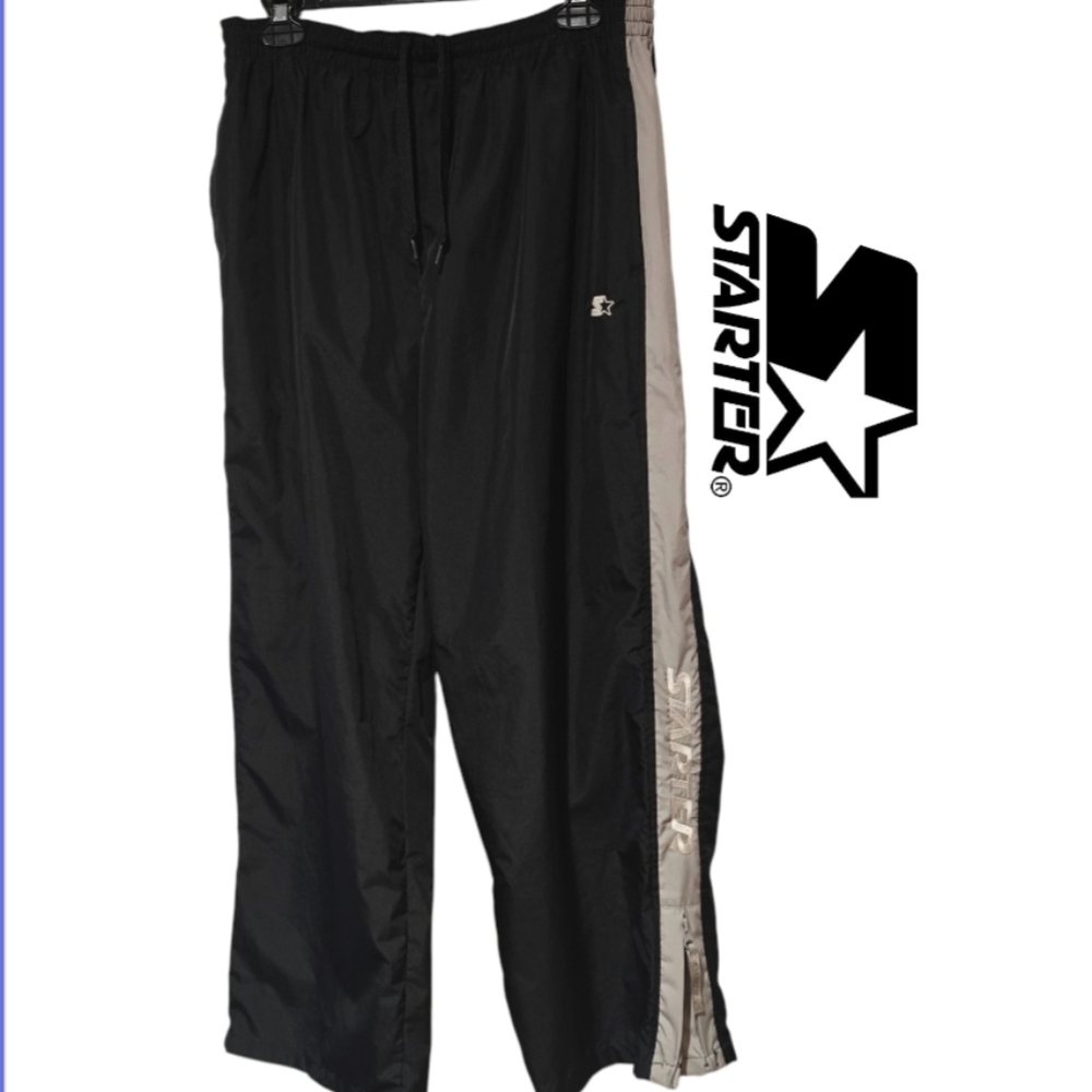Vintage Y2K Starter Track Pants Size Large Black Striped Ankle Zip Windbreaker